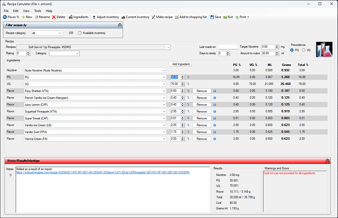 Juice Calc ELR Recipe Import 4