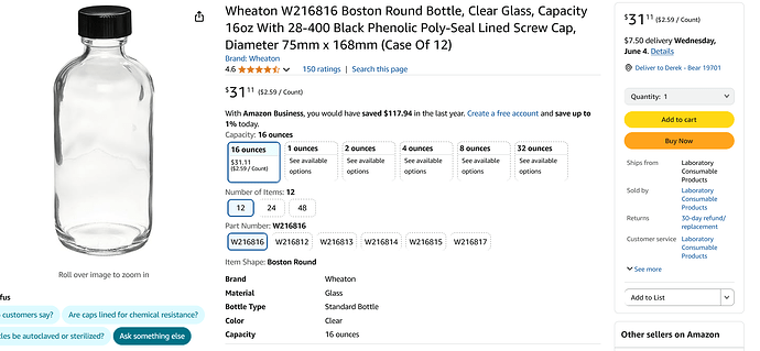 Screenshot 2025-03-04 at 17-45-51 Wheaton W216816 Boston Round Bottle Clear Glass Capacity 16oz With 28-400 Black Phenolic Poly-Seal Lined Screw Cap Diameter 75mm x 168mm (Case Of 12) Science Lab Bottles Amazon.com Industrial...
