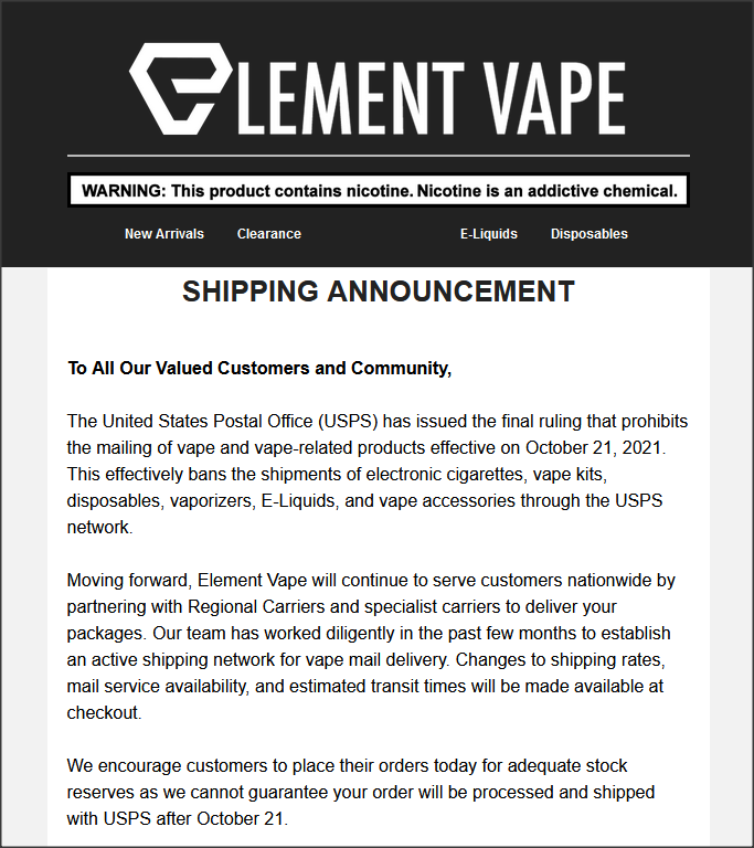 USPS FedEx DHL UPS Vape Mail Ban incoming late March