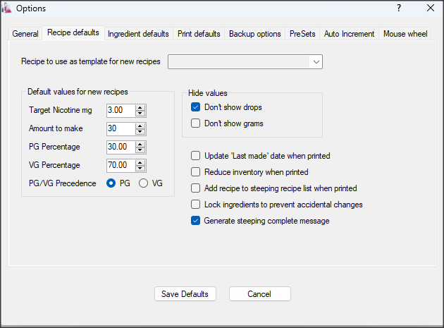 Juice Calc Recipe Defaults